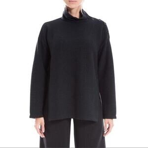 Max Studio Womens Top L‎ Black Mock Neck Button Sleeve Minimalist Quiet Luxury